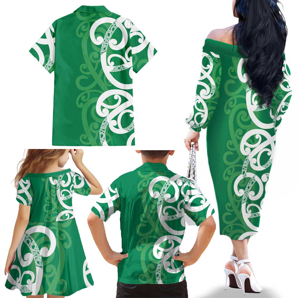 Pounamu Green Maori Family Matching Off The Shoulder Long Sleeve Dress and Hawaiian Shirt Koru Kowhaiwhai - Aussie Hoodie