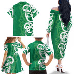 Pounamu Green Maori Family Matching Off The Shoulder Long Sleeve Dress and Hawaiian Shirt Koru Kowhaiwhai - Aussie Hoodie