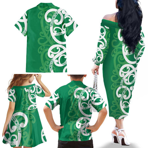 Pounamu Green Maori Family Matching Off The Shoulder Long Sleeve Dress and Hawaiian Shirt Koru Kowhaiwhai - Aussie Hoodie
