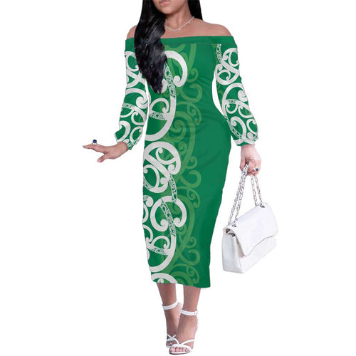 Pounamu Green Maori Family Matching Off The Shoulder Long Sleeve Dress and Hawaiian Shirt Koru Kowhaiwhai - Aussie Hoodie