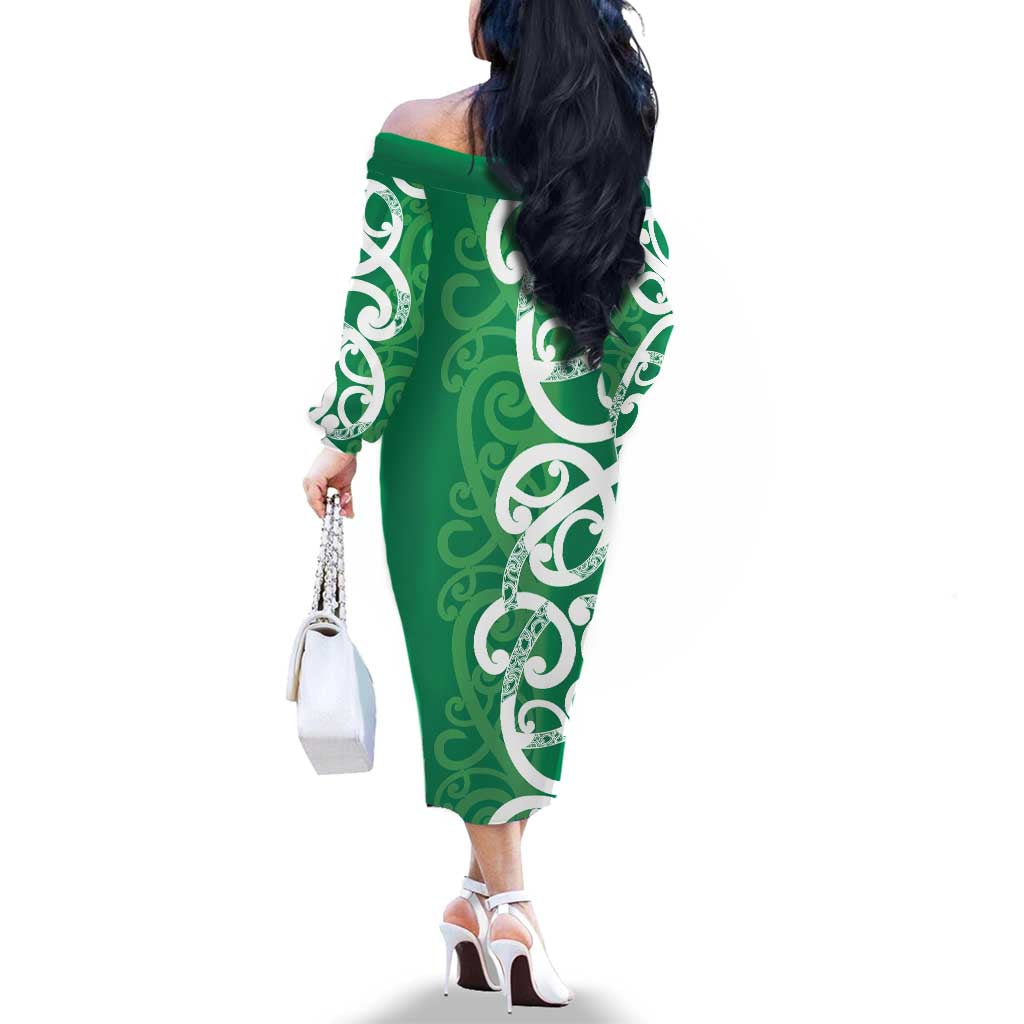 Pounamu Green Maori Family Matching Off The Shoulder Long Sleeve Dress and Hawaiian Shirt Koru Kowhaiwhai - Aussie Hoodie