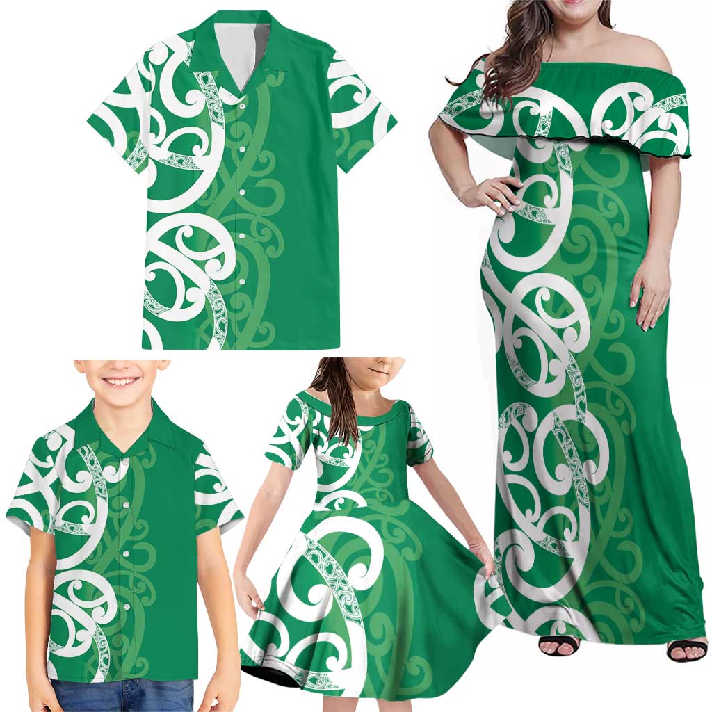 Pounamu Green Maori Family Matching Off Shoulder Maxi Dress and Hawaiian Shirt Koru Kowhaiwhai - Aussie Hoodie