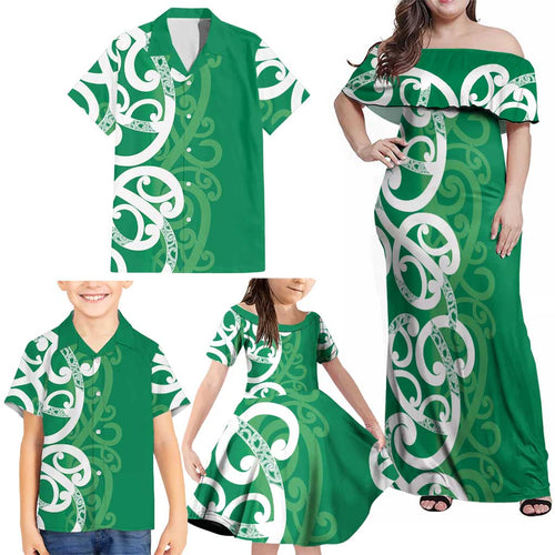 Pounamu Green Maori Family Matching Off Shoulder Maxi Dress and Hawaiian Shirt Koru Kowhaiwhai - Aussie Hoodie