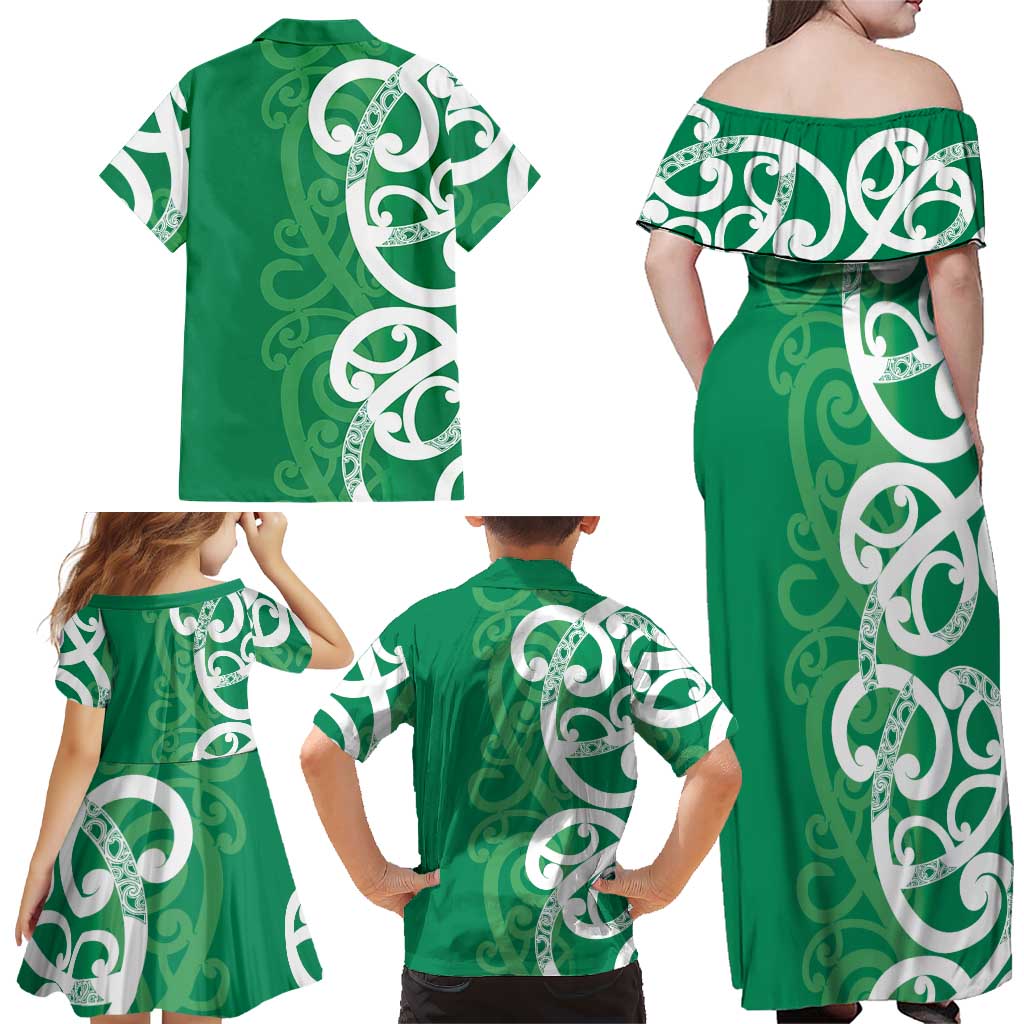 Pounamu Green Maori Family Matching Off Shoulder Maxi Dress and Hawaiian Shirt Koru Kowhaiwhai - Aussie Hoodie