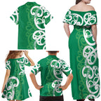 Pounamu Green Maori Family Matching Off Shoulder Maxi Dress and Hawaiian Shirt Koru Kowhaiwhai - Aussie Hoodie