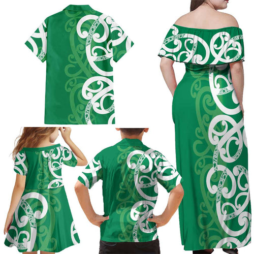 Pounamu Green Maori Family Matching Off Shoulder Maxi Dress and Hawaiian Shirt Koru Kowhaiwhai - Aussie Hoodie