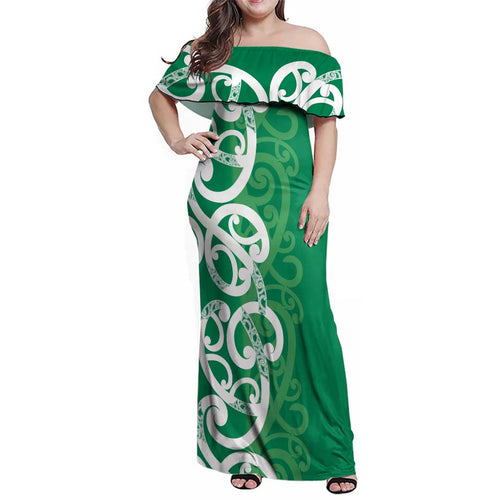 Pounamu Green Maori Family Matching Off Shoulder Maxi Dress and Hawaiian Shirt Koru Kowhaiwhai - Aussie Hoodie