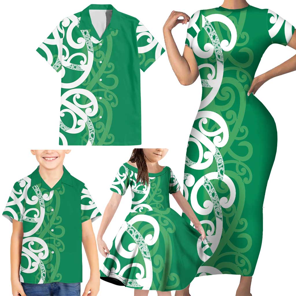 Pounamu Green Maori Family Matching Short Sleeve Bodycon Dress and Hawaiian Shirt Koru Kowhaiwhai - Aussie Hoodie