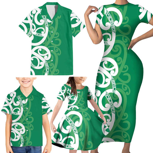 Pounamu Green Maori Family Matching Short Sleeve Bodycon Dress and Hawaiian Shirt Koru Kowhaiwhai - Aussie Hoodie