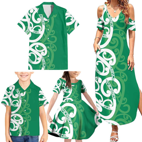 Pounamu Green Maori Family Matching Summer Maxi Dress and Hawaiian Shirt Koru Kowhaiwhai - Aussie Hoodie