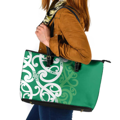 Pounamu Green Maori Leather Tote Bag Koru Kowhaiwhai - Aussie Hoodie