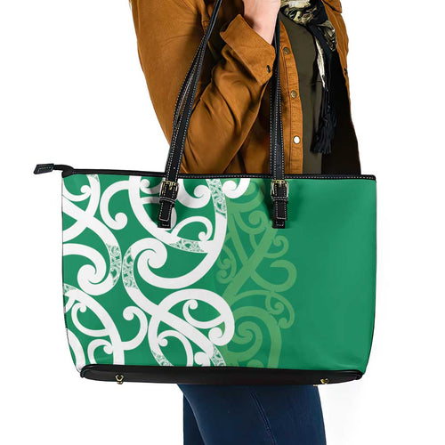 Pounamu Green Maori Leather Tote Bag Koru Kowhaiwhai - Aussie Hoodie
