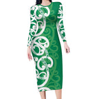 Pounamu Green Maori Long Sleeve Bodycon Dress Koru Kowhaiwhai - Aussie Hoodie