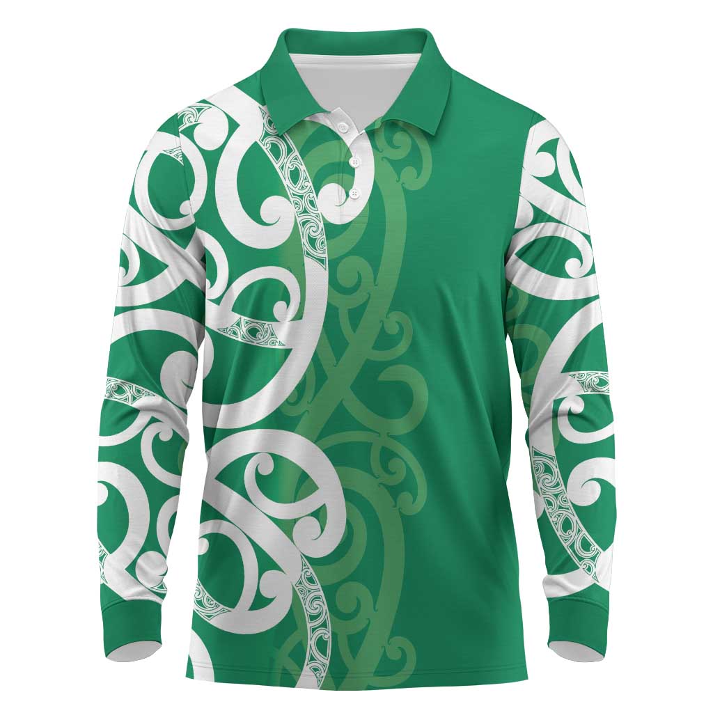 Pounamu Green Maori Long Sleeve Polo Shirt Koru Kowhaiwhai - Aussie Hoodie
