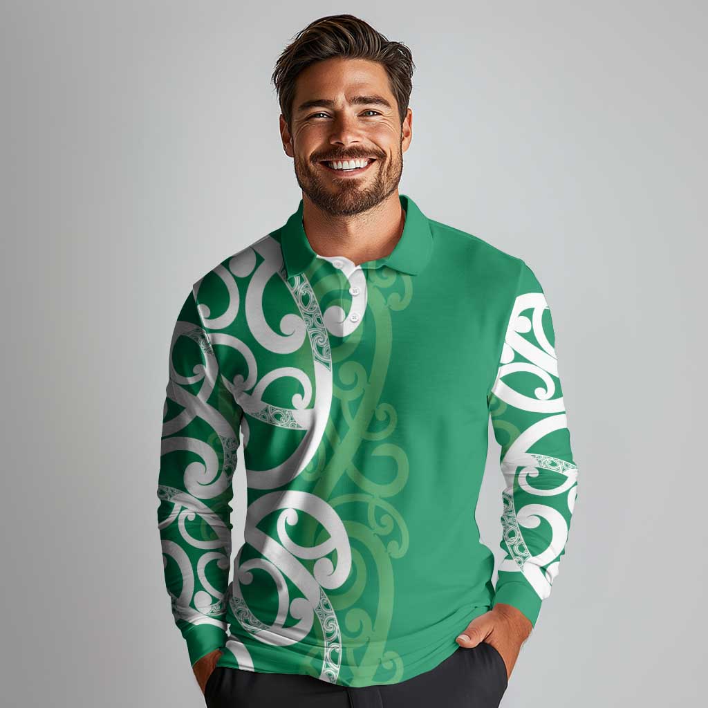 Pounamu Green Maori Long Sleeve Polo Shirt Koru Kowhaiwhai - Aussie Hoodie