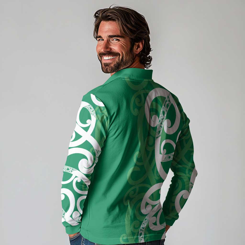 Pounamu Green Maori Long Sleeve Polo Shirt Koru Kowhaiwhai - Aussie Hoodie