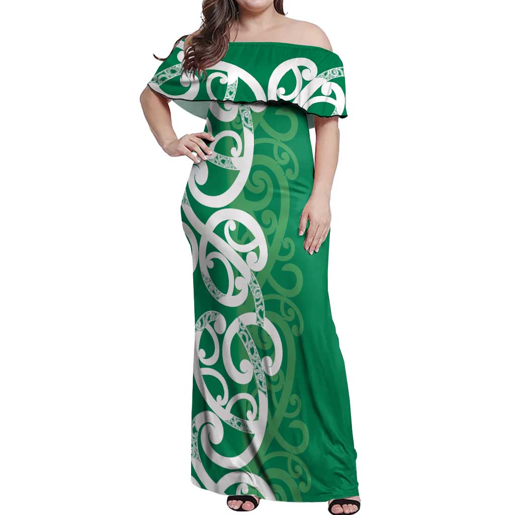 Pounamu Green Maori Off Shoulder Maxi Dress Koru Kowhaiwhai - Aussie Hoodie