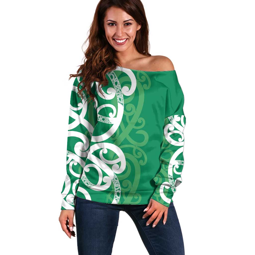 Pounamu Green Maori Off Shoulder Sweater Koru Kowhaiwhai - Aussie Hoodie