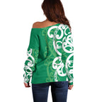 Pounamu Green Maori Off Shoulder Sweater Koru Kowhaiwhai - Aussie Hoodie