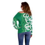 Pounamu Green Maori Off Shoulder Sweater Koru Kowhaiwhai - Aussie Hoodie