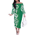 Pounamu Green Maori Off The Shoulder Long Sleeve Dress Koru Kowhaiwhai - Aussie Hoodie