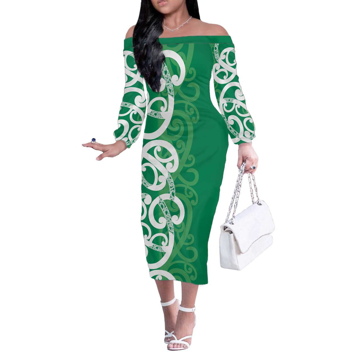 Pounamu Green Maori Off The Shoulder Long Sleeve Dress Koru Kowhaiwhai - Aussie Hoodie