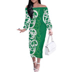 Pounamu Green Maori Off The Shoulder Long Sleeve Dress Koru Kowhaiwhai - Aussie Hoodie