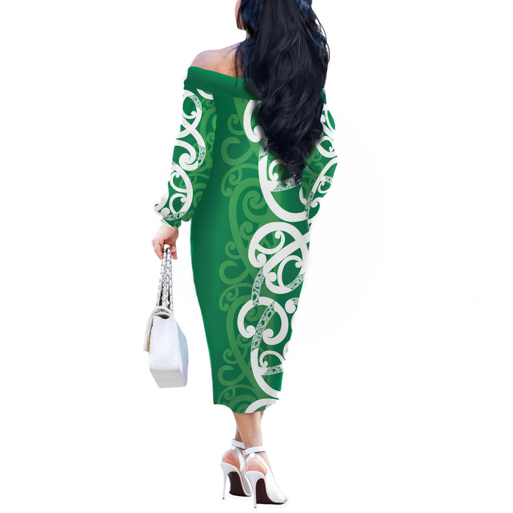 Pounamu Green Maori Off The Shoulder Long Sleeve Dress Koru Kowhaiwhai - Aussie Hoodie