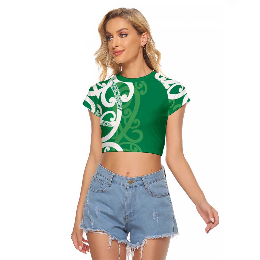 Pounamu Green Maori Raglan Cropped T Shirt Koru Kowhaiwhai - Aussie Hoodie