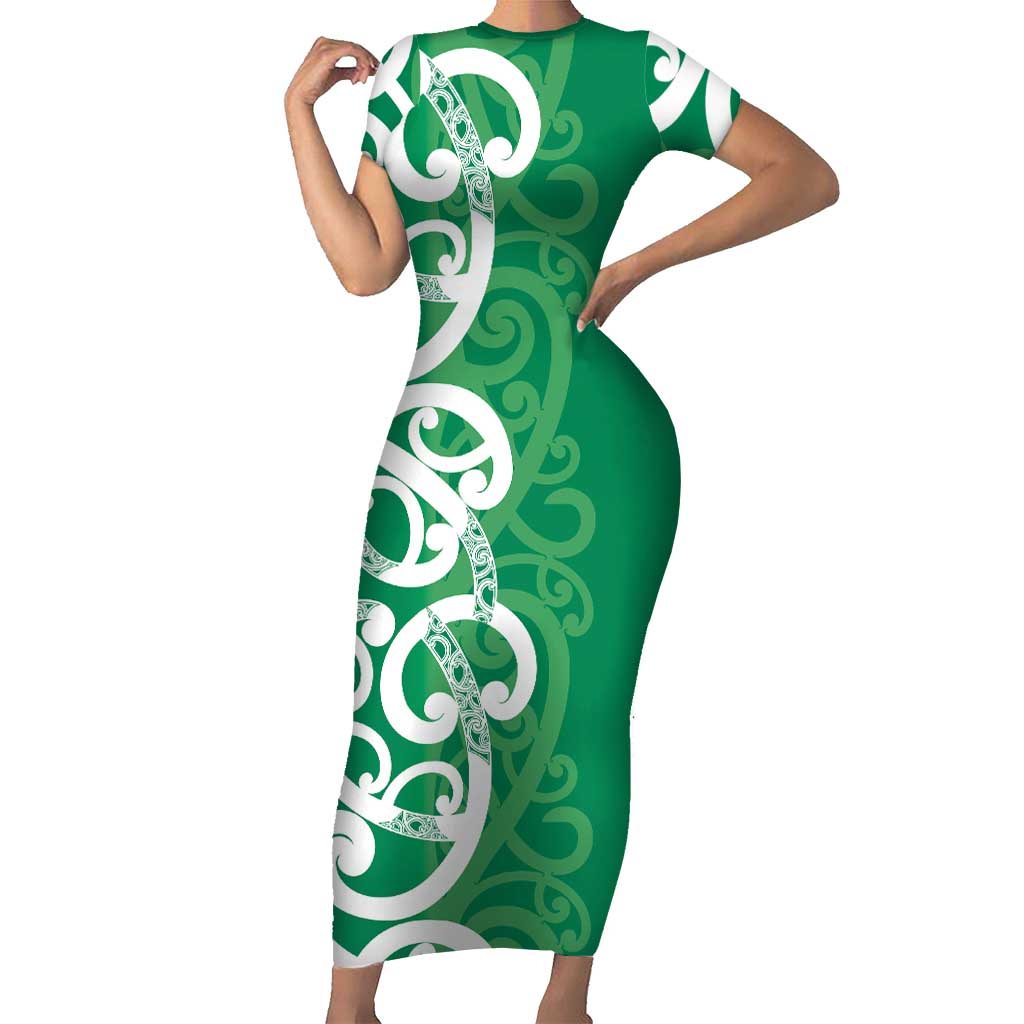 Pounamu Green Maori Short Sleeve Bodycon Dress Koru Kowhaiwhai - Aussie Hoodie