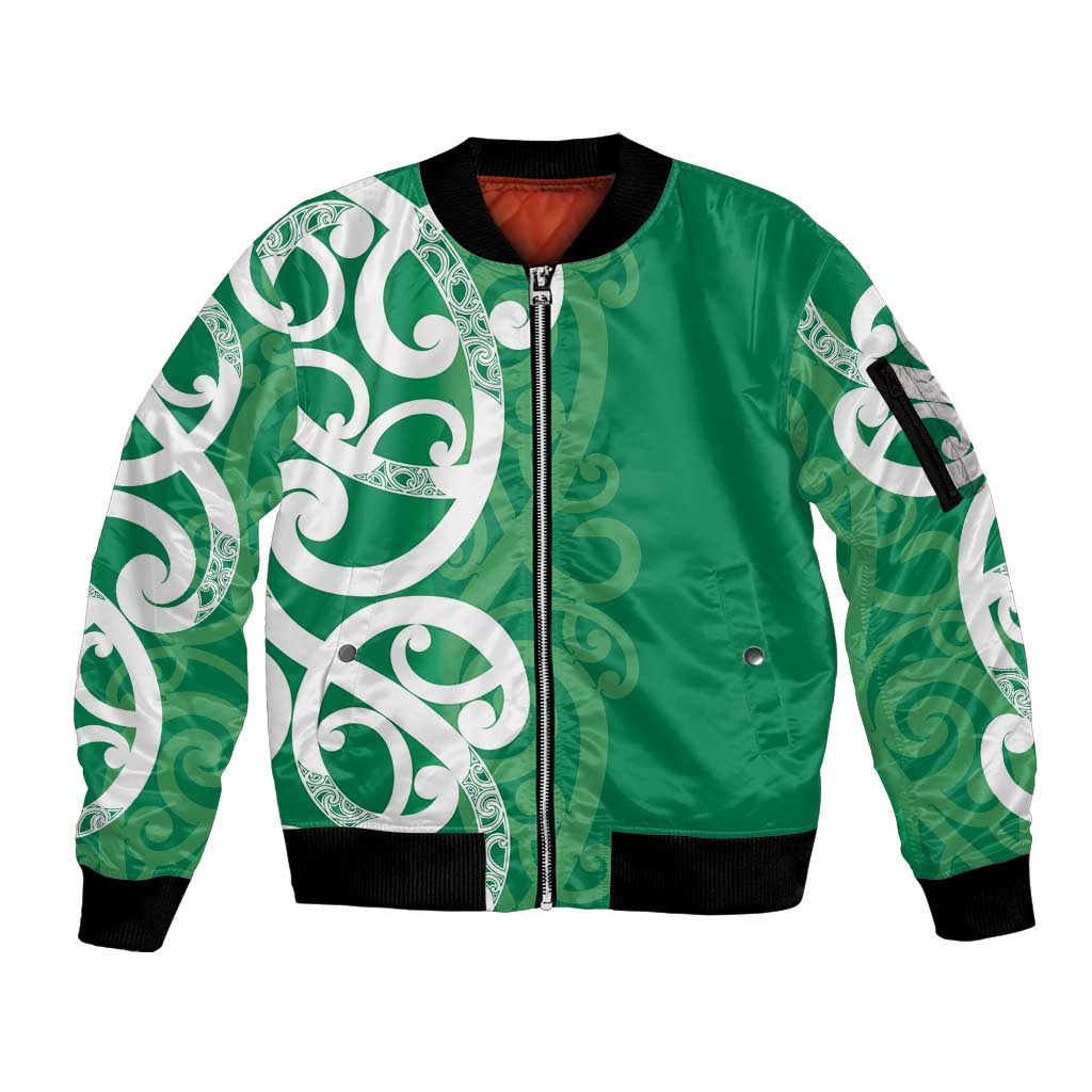 Pounamu Green Maori Sleeve Zip Bomber Jacket Koru Kowhaiwhai - Aussie Hoodie