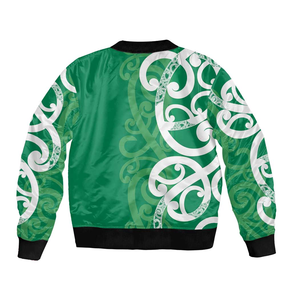 Pounamu Green Maori Sleeve Zip Bomber Jacket Koru Kowhaiwhai - Aussie Hoodie