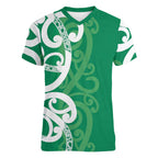 Pounamu Green Maori Women V-Neck T-Shirt Koru Kowhaiwhai - Aussie Hoodie