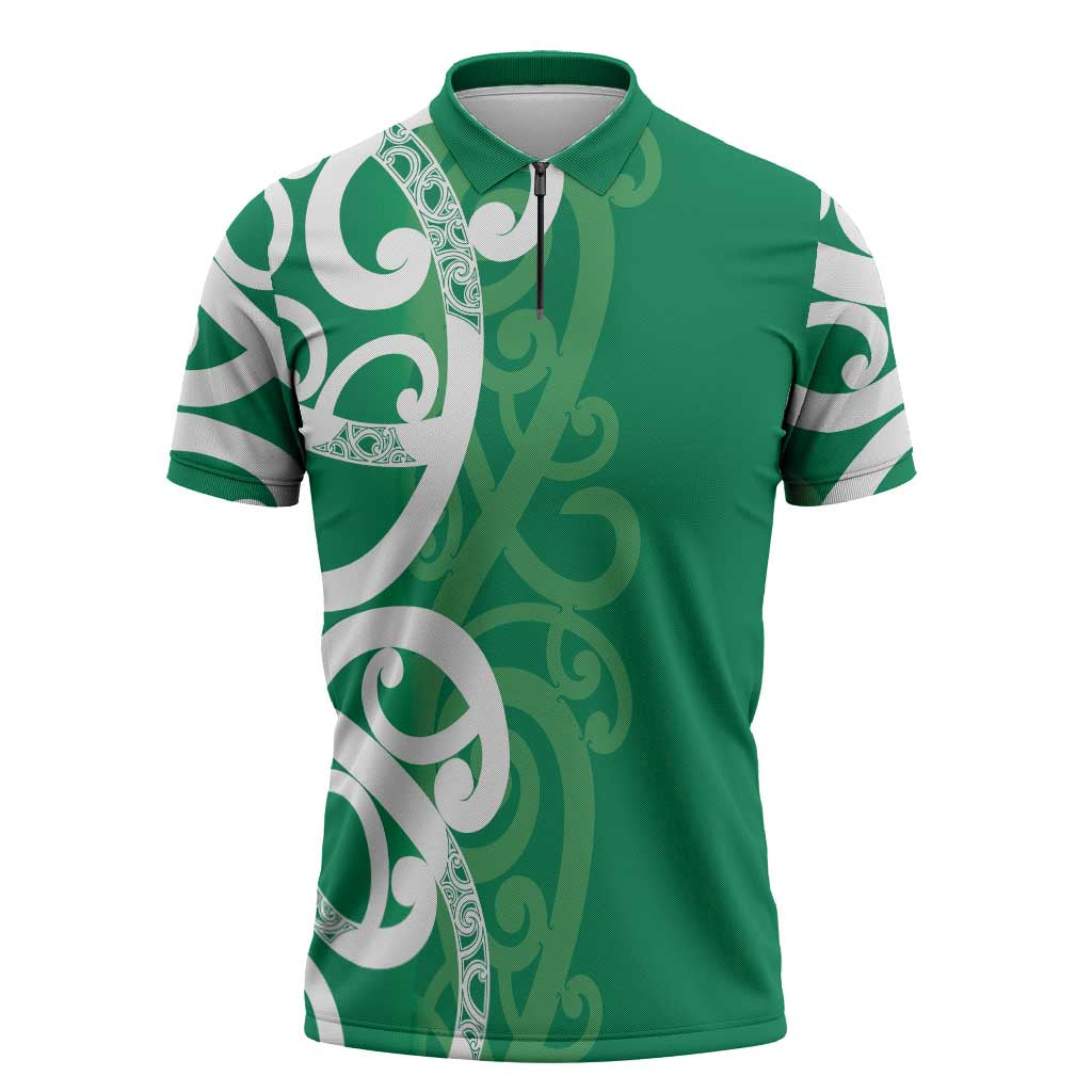 Pounamu Green Maori Zipper Polo Shirt Koru Kowhaiwhai - Aussie Hoodie