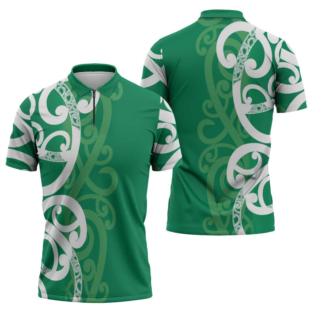 Pounamu Green Maori Zipper Polo Shirt Koru Kowhaiwhai - Aussie Hoodie