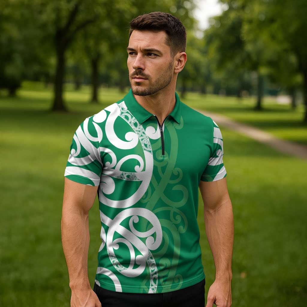 Pounamu Green Maori Zipper Polo Shirt Koru Kowhaiwhai - Aussie Hoodie