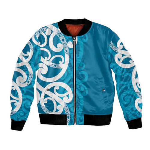 Azure Blue Maori Bomber Jacket Koru Kowhaiwhai - Aussie Hoodie