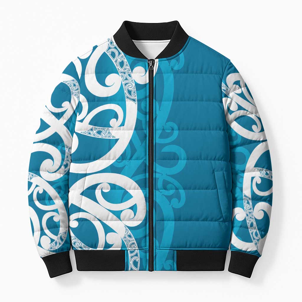 Azure Blue Maori Bomber Puffer Jacket Koru Kowhaiwhai - Aussie Hoodie