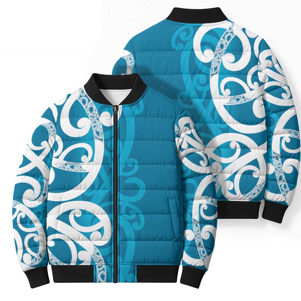 Azure Blue Maori Bomber Puffer Jacket Koru Kowhaiwhai - Aussie Hoodie