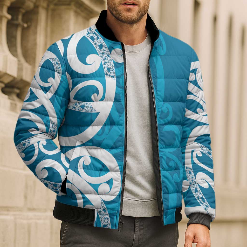 Azure Blue Maori Bomber Puffer Jacket Koru Kowhaiwhai - Aussie Hoodie