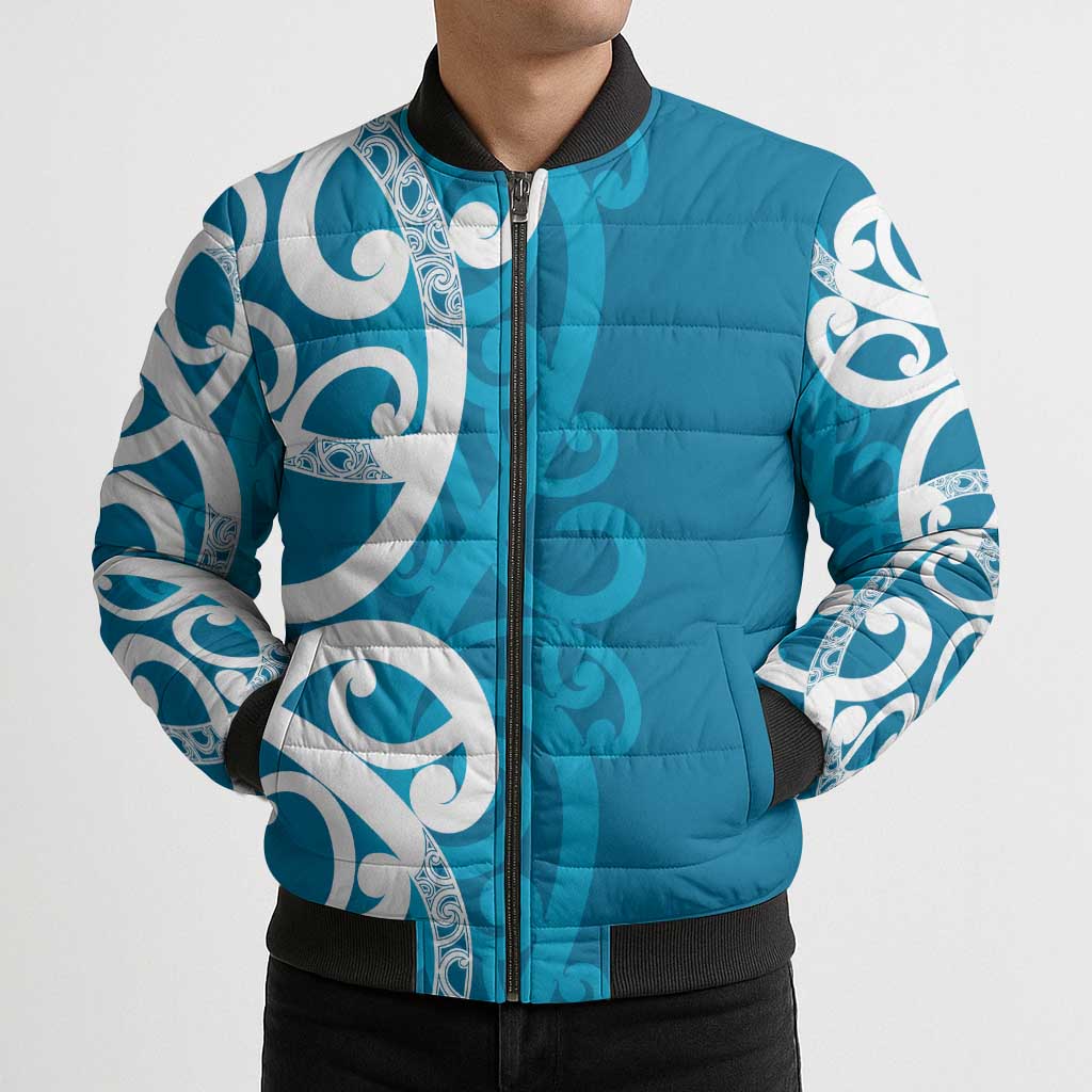 Azure Blue Maori Bomber Puffer Jacket Koru Kowhaiwhai - Aussie Hoodie