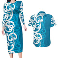Azure Blue Maori Couples Matching Long Sleeve Bodycon Dress and Hawaiian Shirt Koru Kowhaiwhai - Aussie Hoodie