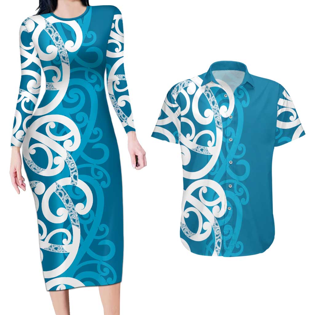 Azure Blue Maori Couples Matching Long Sleeve Bodycon Dress and Hawaiian Shirt Koru Kowhaiwhai - Aussie Hoodie