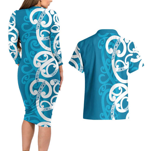 Azure Blue Maori Couples Matching Long Sleeve Bodycon Dress and Hawaiian Shirt Koru Kowhaiwhai - Aussie Hoodie
