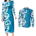 Azure Blue Maori Couples Matching Long Sleeve Bodycon Dress and Long Sleeve Button Shirt Koru Kowhaiwhai - Aussie Hoodie