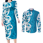 Azure Blue Maori Couples Matching Long Sleeve Bodycon Dress and Long Sleeve Button Shirt Koru Kowhaiwhai - Aussie Hoodie