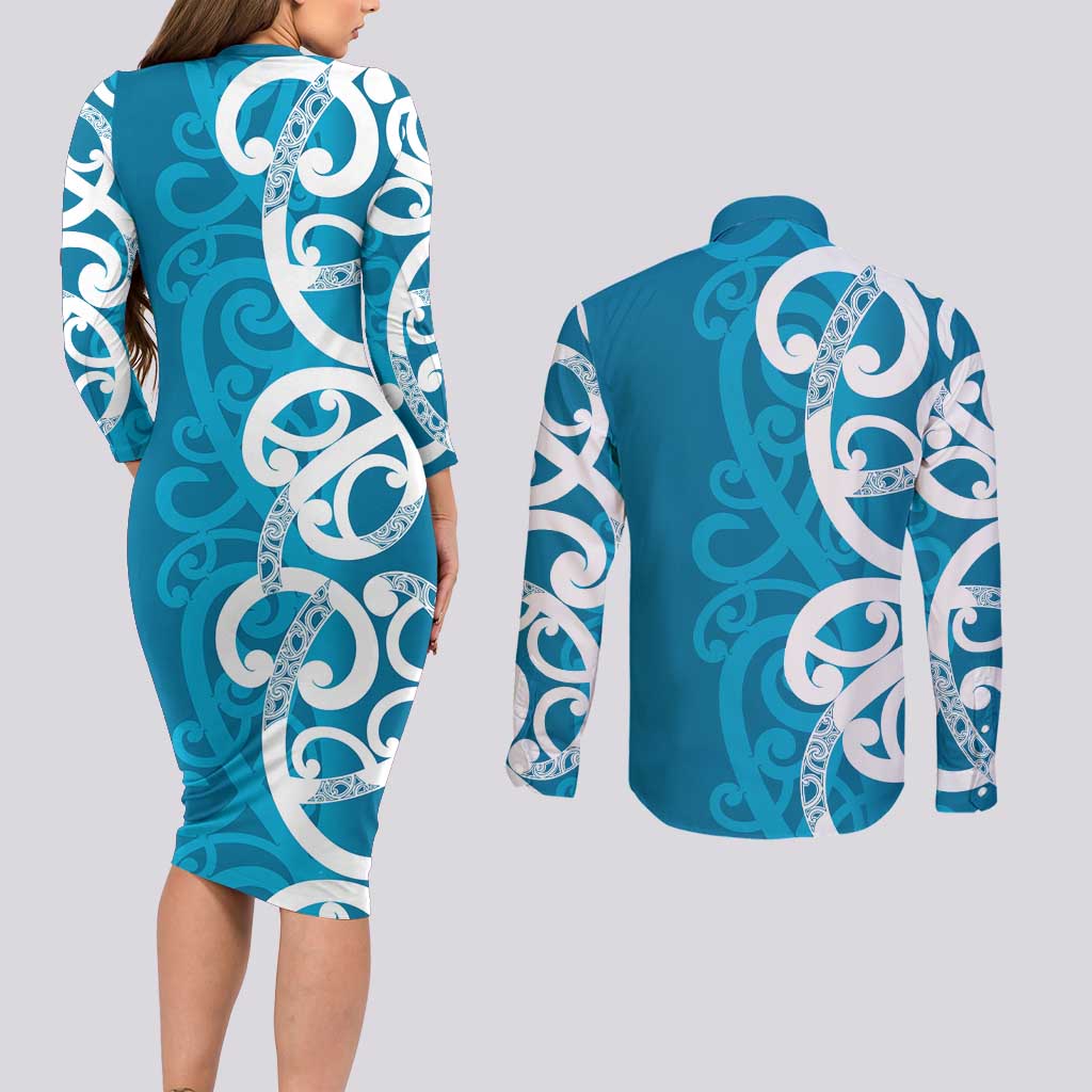 Azure Blue Maori Couples Matching Long Sleeve Bodycon Dress and Long Sleeve Button Shirt Koru Kowhaiwhai - Aussie Hoodie