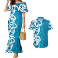Azure Blue Maori Couples Matching Mermaid Dress and Hawaiian Shirt Koru Kowhaiwhai - Aussie Hoodie
