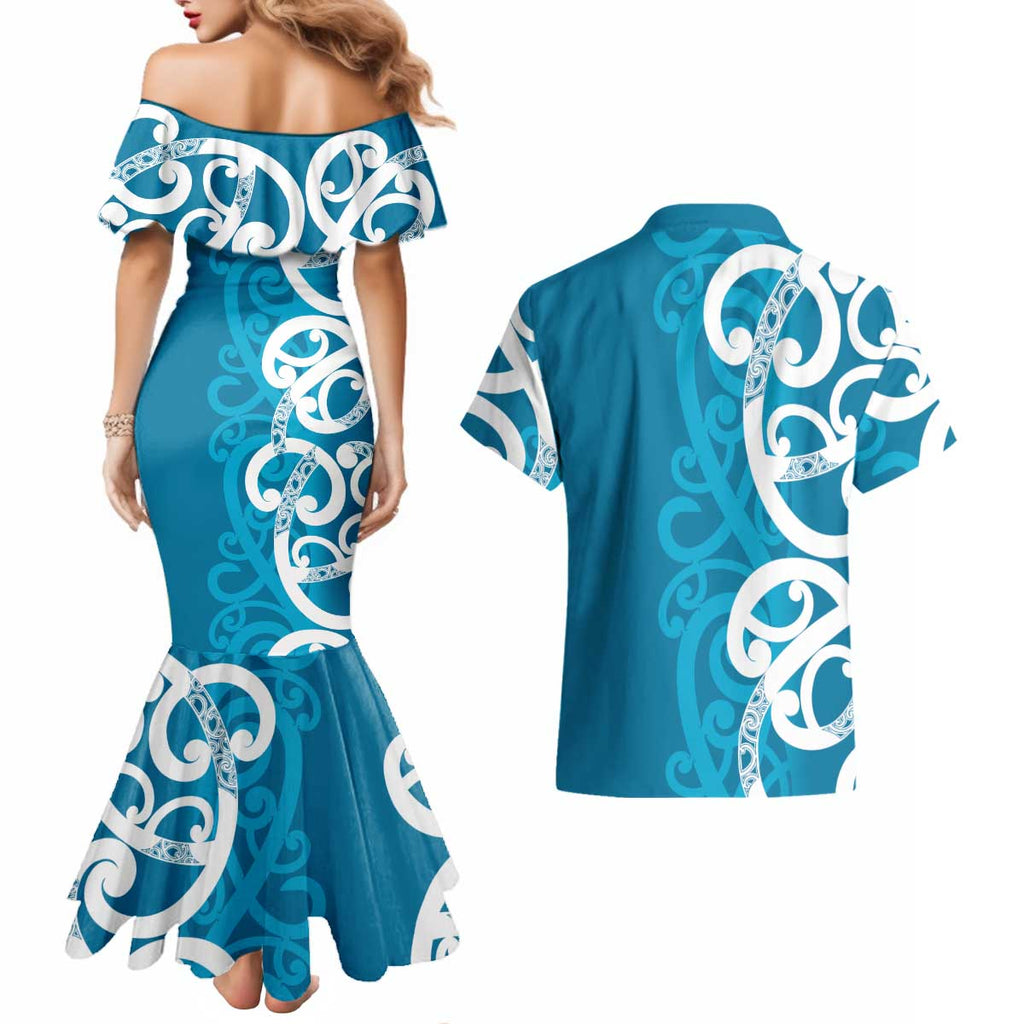 Azure Blue Maori Couples Matching Mermaid Dress and Hawaiian Shirt Koru Kowhaiwhai - Aussie Hoodie