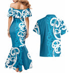 Azure Blue Maori Couples Matching Mermaid Dress and Hawaiian Shirt Koru Kowhaiwhai - Aussie Hoodie